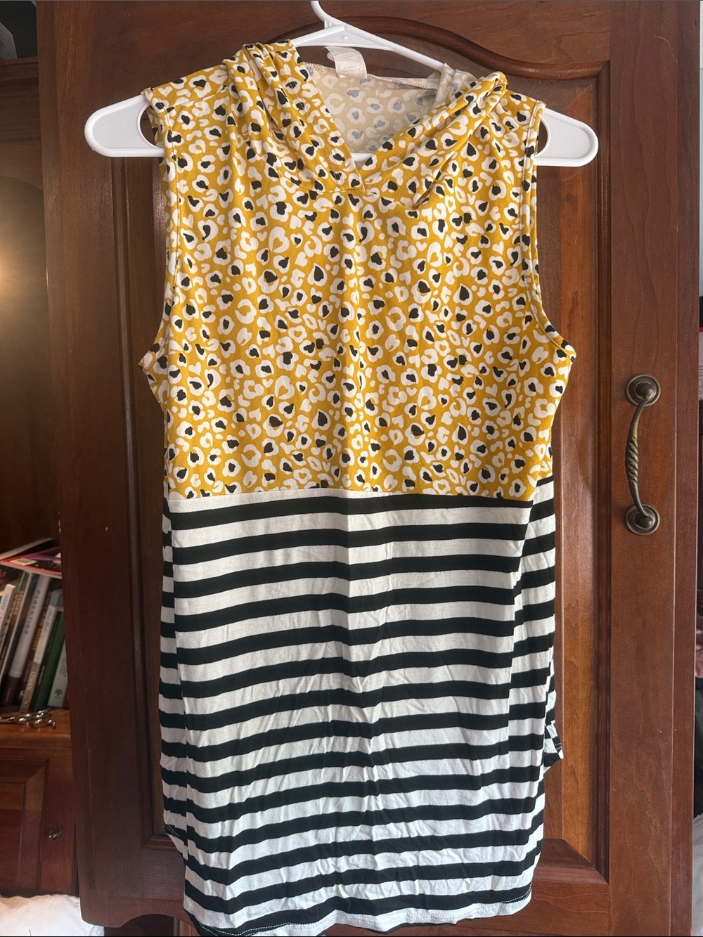 Honeyme Yellow Leopard Print Sleeveless Hooded Tunic with Black & White Stripes